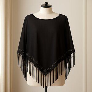 Worthington 2 piece Black Sheer Fringe Poncho Size M